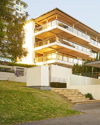 Perth luxury service apartment during the early evening, Western Australia.