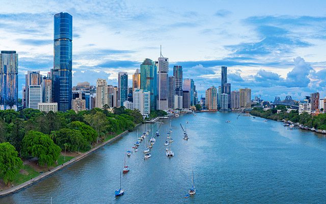 Panorama of Brisbane skyline at sunset, Australia